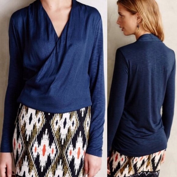Anthropologie Dolan Left Coast Collection Navy Long Sleeve Tulip Faux Wrap Top S - Picture 3 of 13